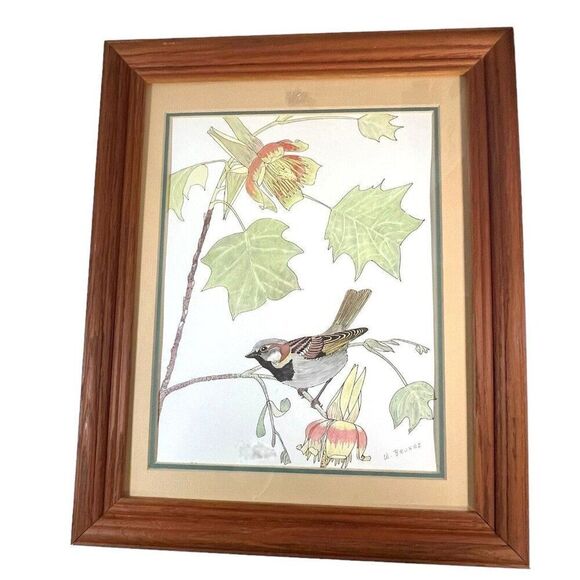 Framed Color Pencil Sparrow Drawing By W. Bruhns A Bird In A Tree Flowers 16.5”